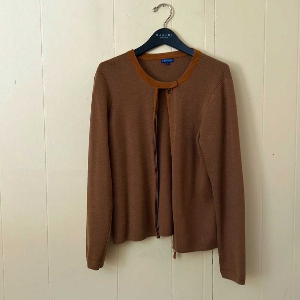 Suede trimmed J McLaughlin zippered cardigan.